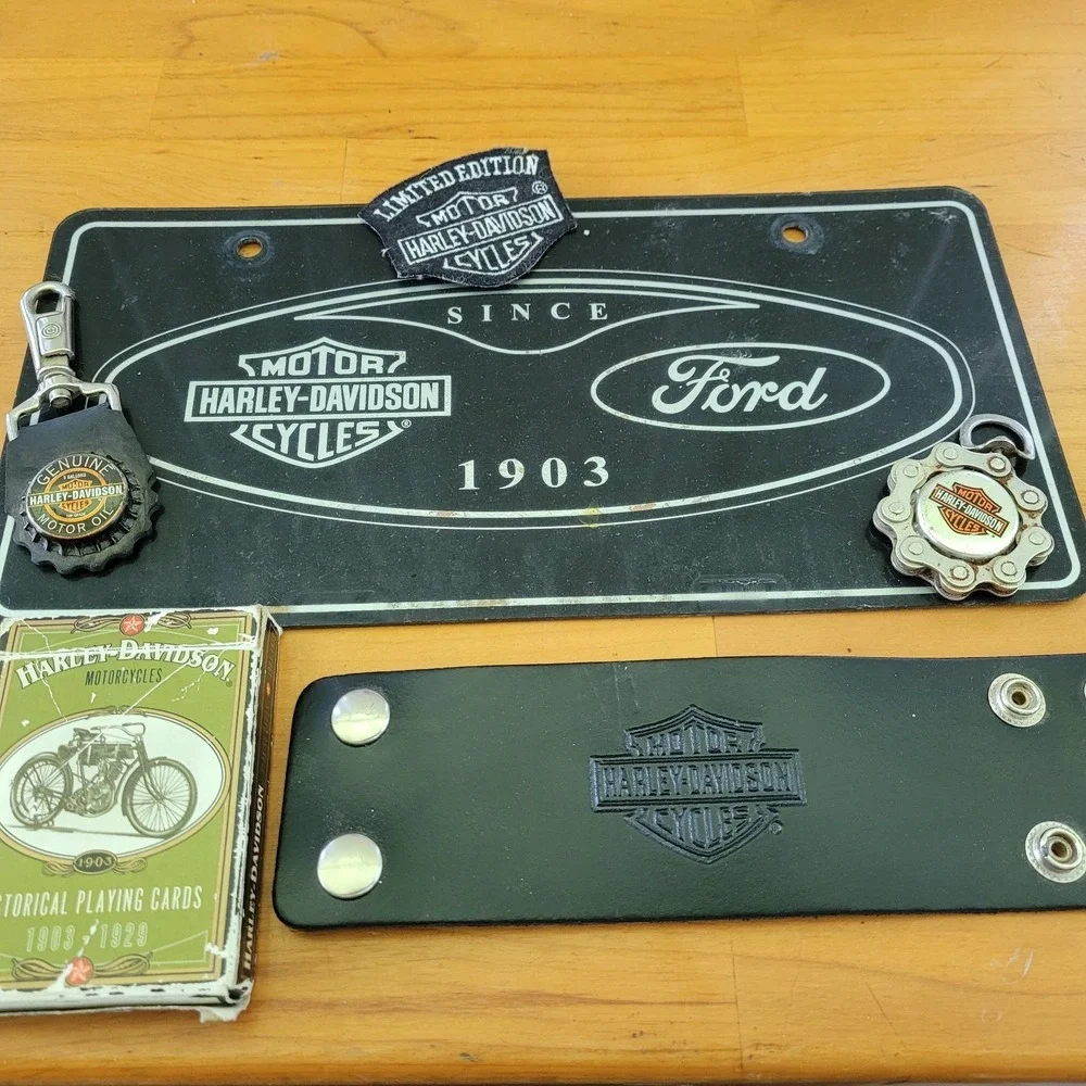 Harley Davidson Ford Memorabilia Lot Sign Patch Keychains Cards Cuff